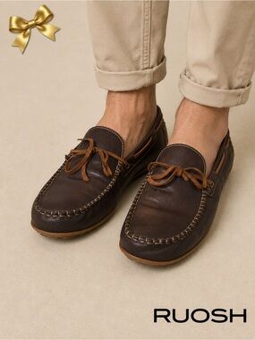 RUOSH Leather Driving Moccasin Loafers Brown UK 10 EU 44 US 11